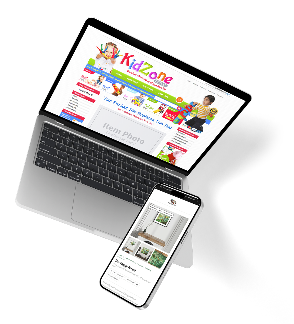 An eBay listing template shown on a laptop and a phone