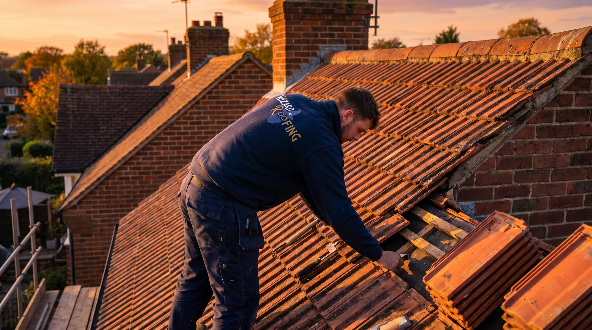 A roofer at work wearing a jacket with a logo designed by ATK