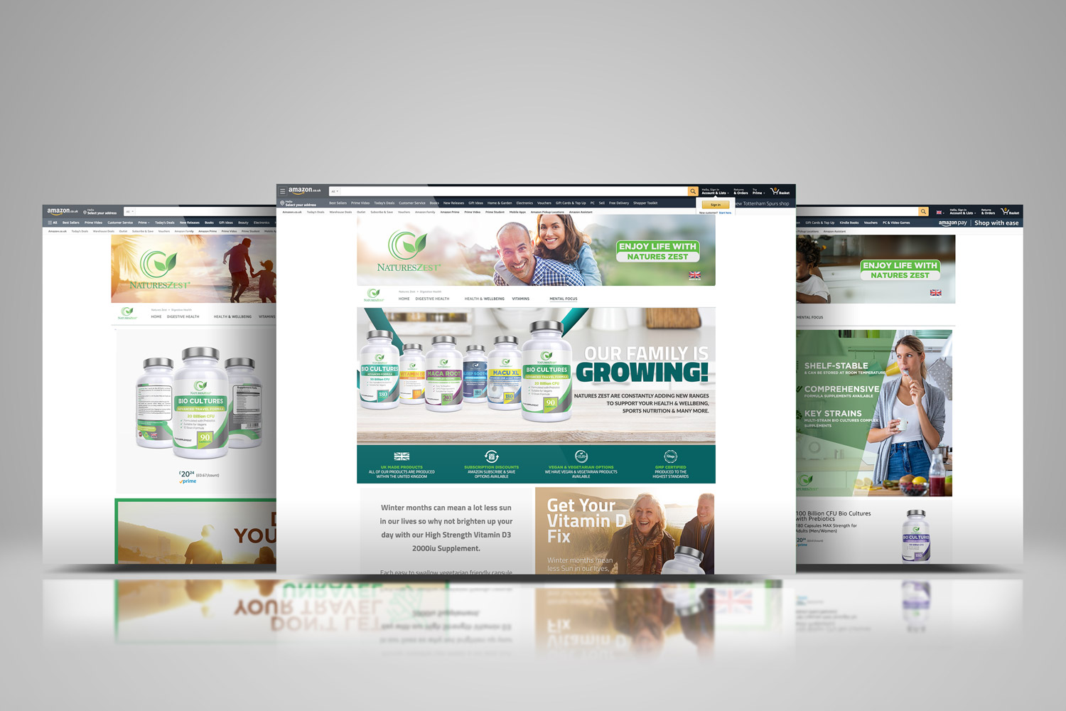 Nature's Zest Amazon Brand Store pages on three screens