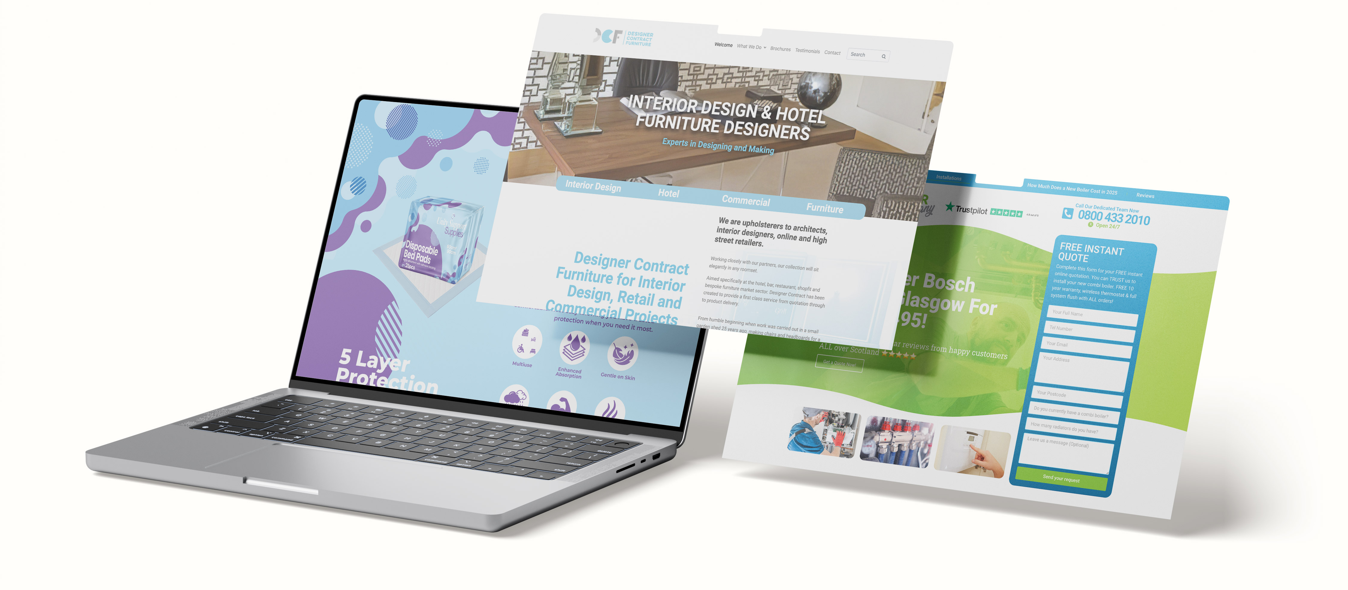 Several small business websites built by ATK, shown on a laptop and as page previews