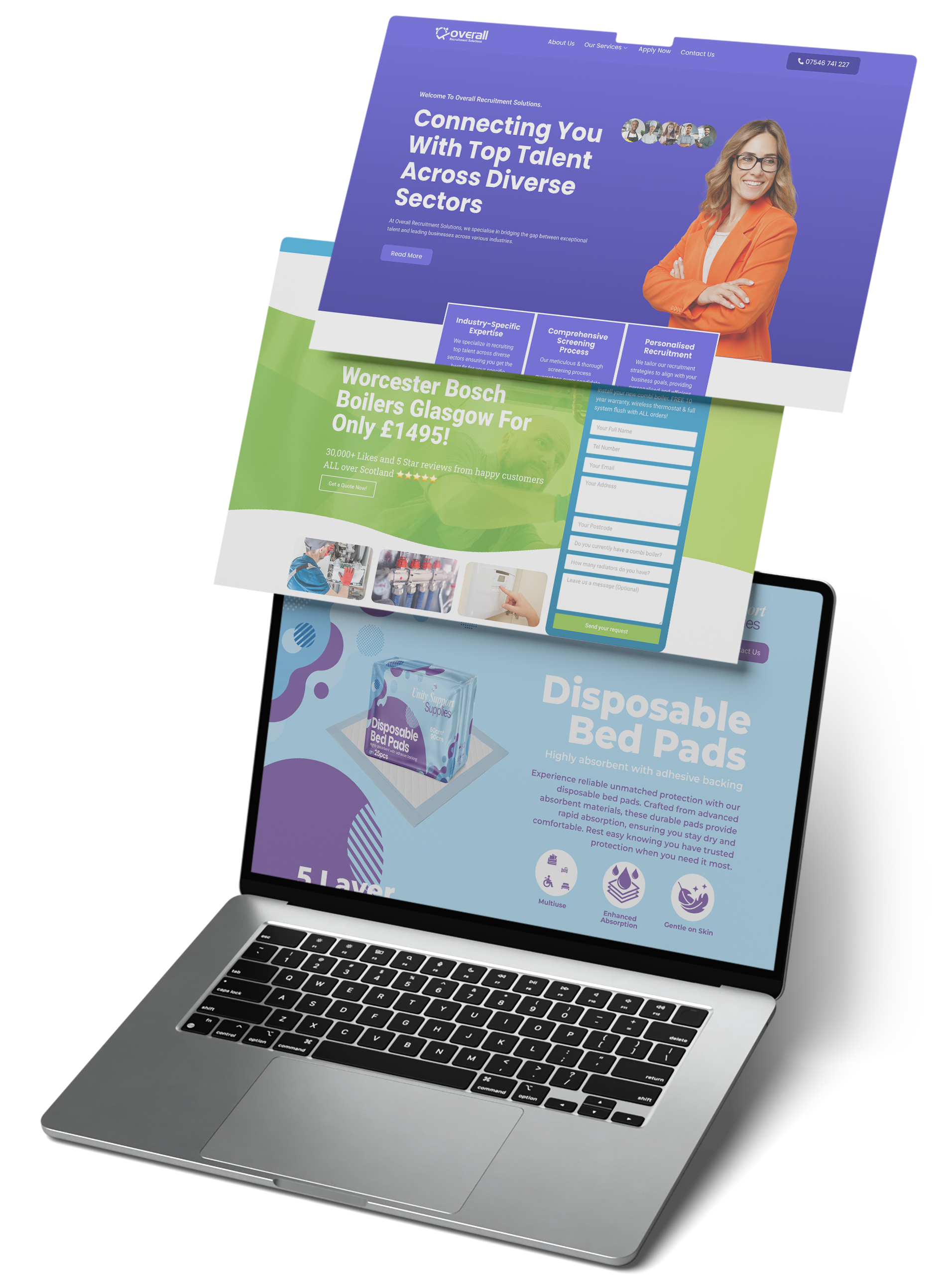 Websites designed by ATK shown on a laptop and screens