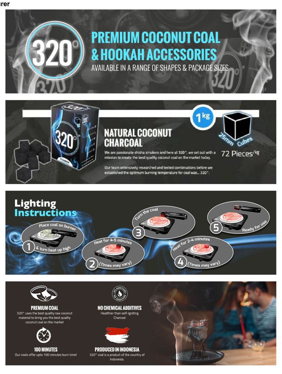 320 Coals A+ content: brand banner, product details, lighting instructions and key features