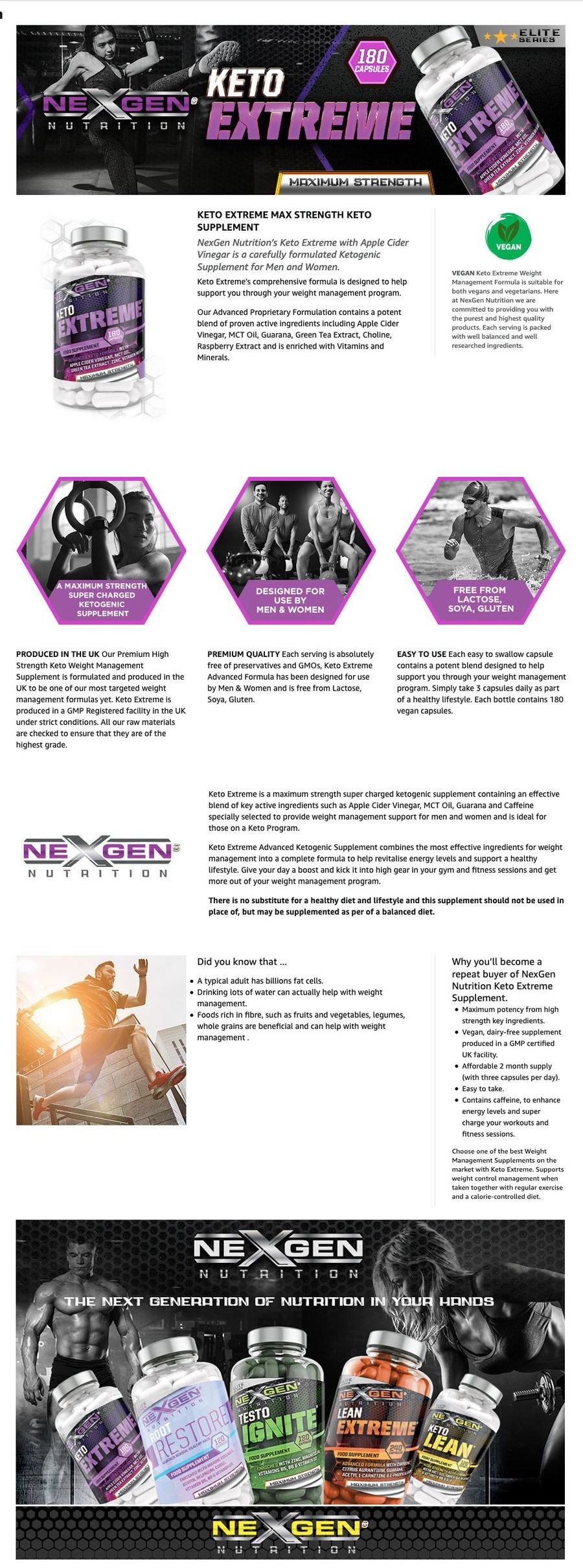 NexGen Nutrition Keto Extreme A+ content: banner, product details, benefit images and range banner