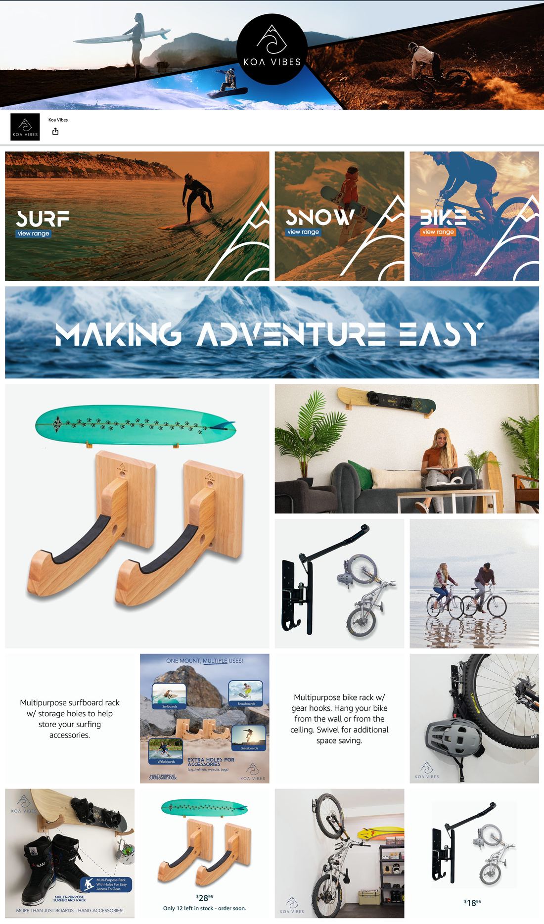The full Koa Vibes Amazon Brand Store home page: banner, sport category tiles, lifestyle photos and product grid