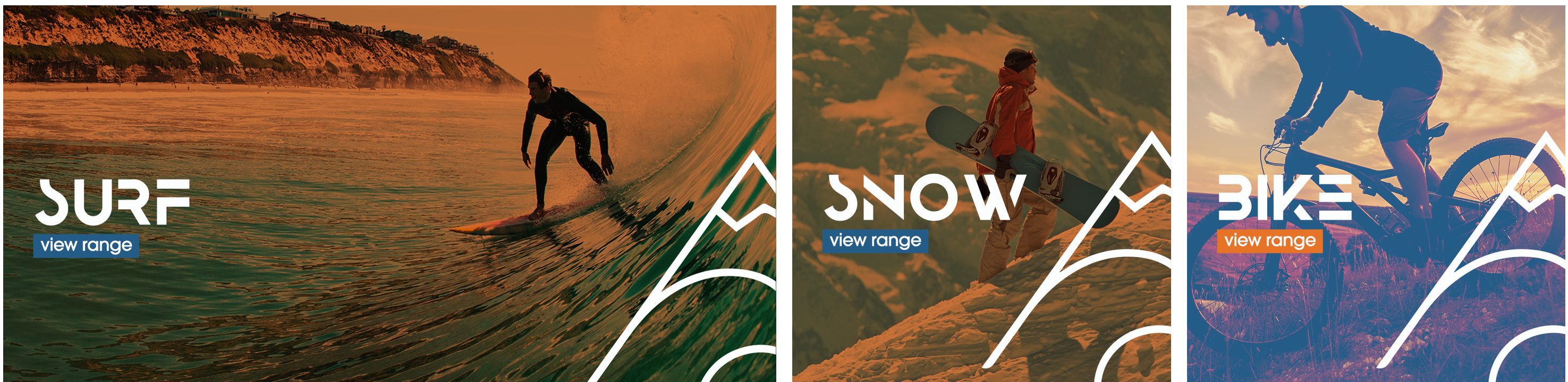 Koa Vibes store category tiles for Surf, Snow and Bike