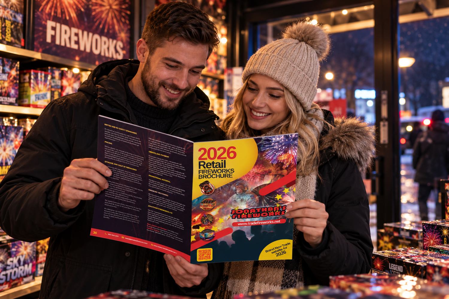 A couple reading a 2026 retail fireworks brochure in a fireworks shop