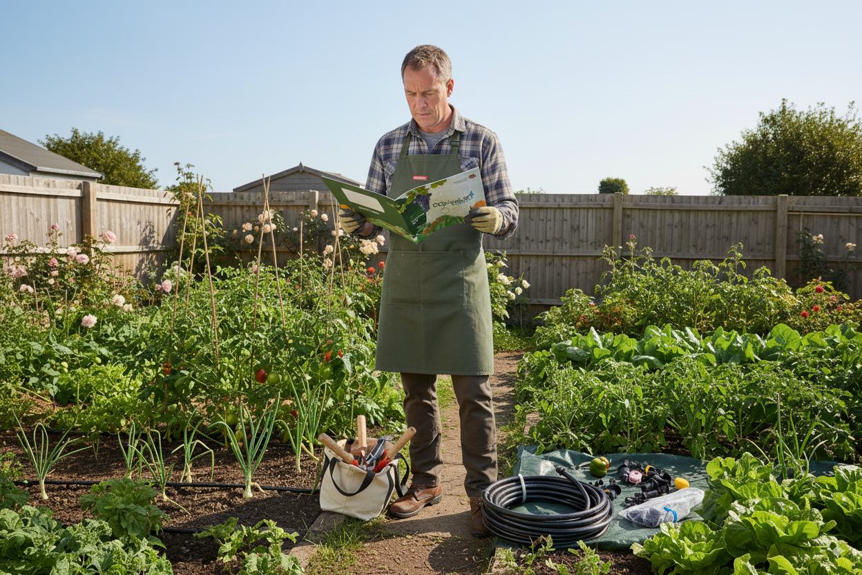 A gardener reading a product brochure in his vegetable garden