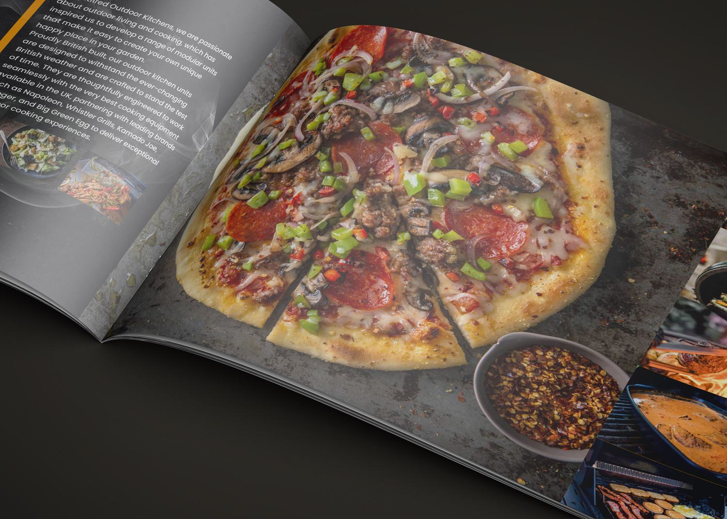 Spitfired Outdoor Kitchens 28-page brochure open on a pizza spread