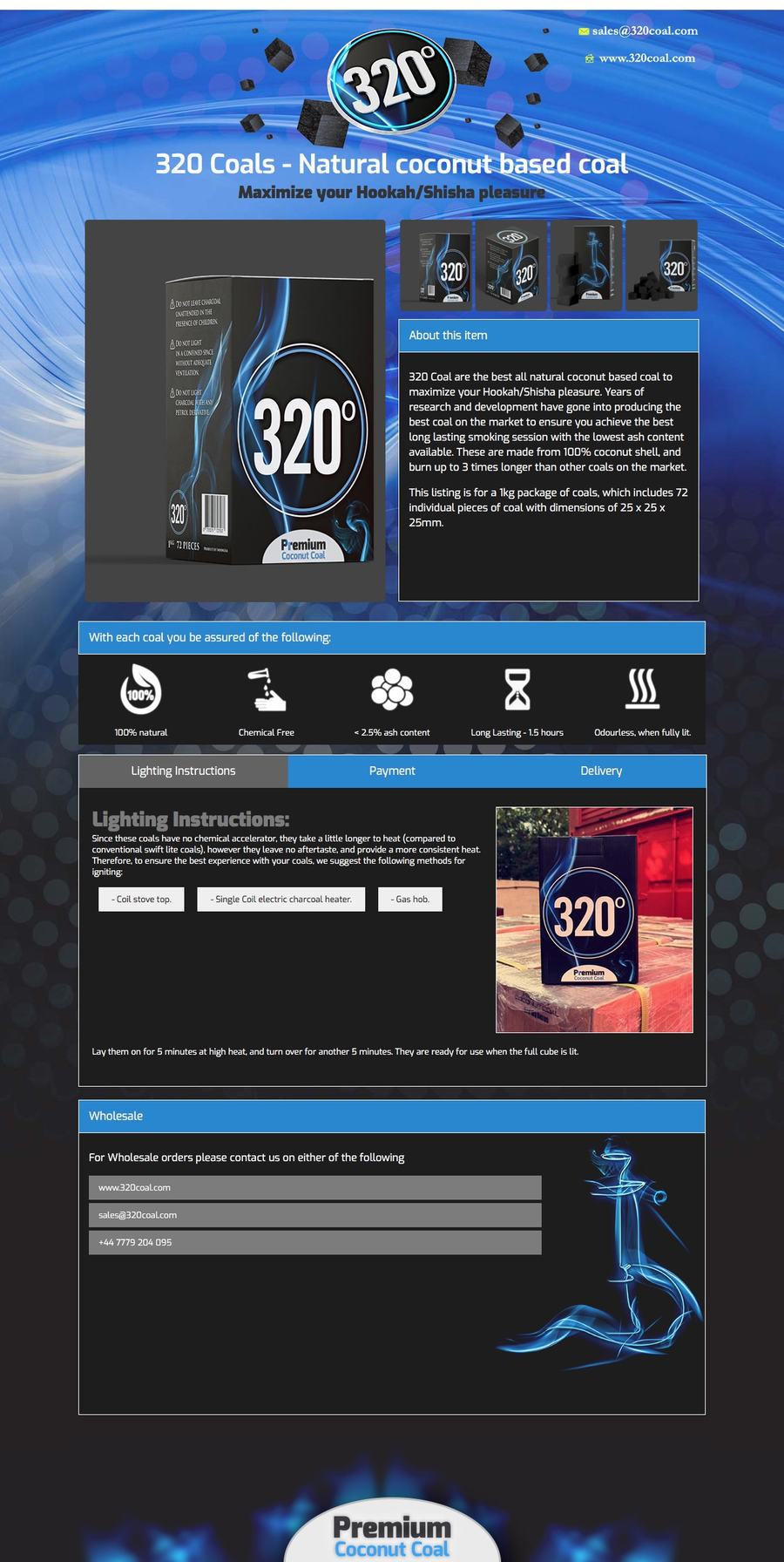 320 Coals eBay listing with product photos, feature icons and lighting instructions