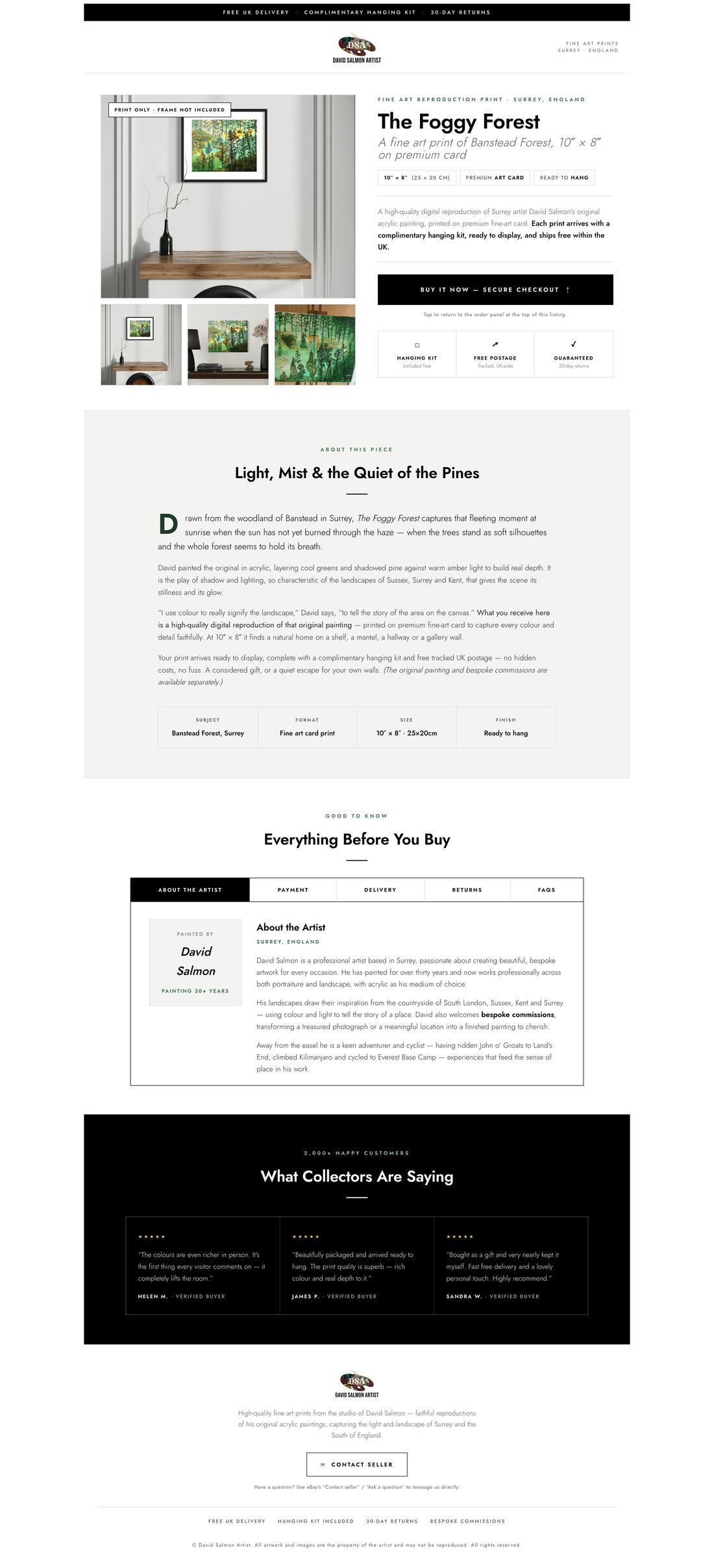 The full Foggy Forest listing by David Salmon: product photos, the story of the painting, tabs for delivery and returns, and collector reviews