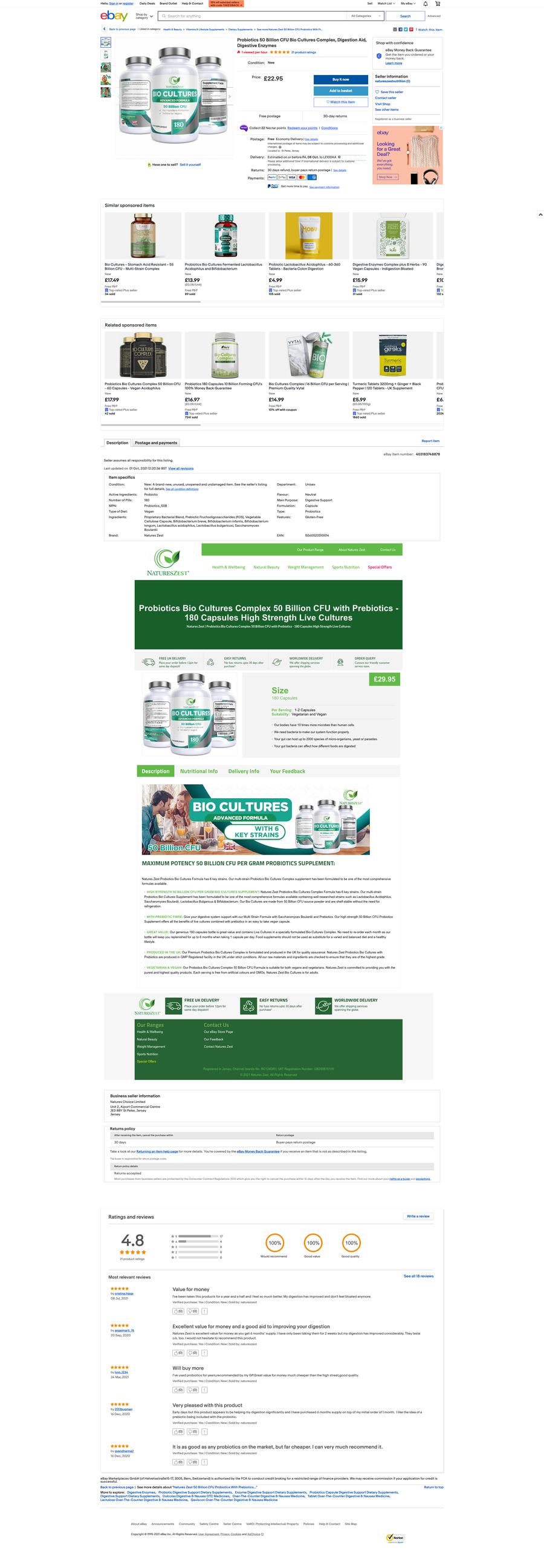 Nature's Zest probiotics eBay listing with product photos, benefits and brand banners