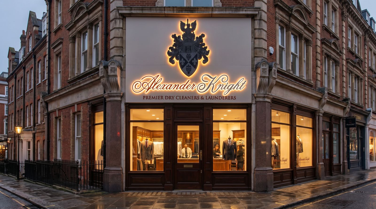 Alexander Knight logo lit up on a shop front at dusk