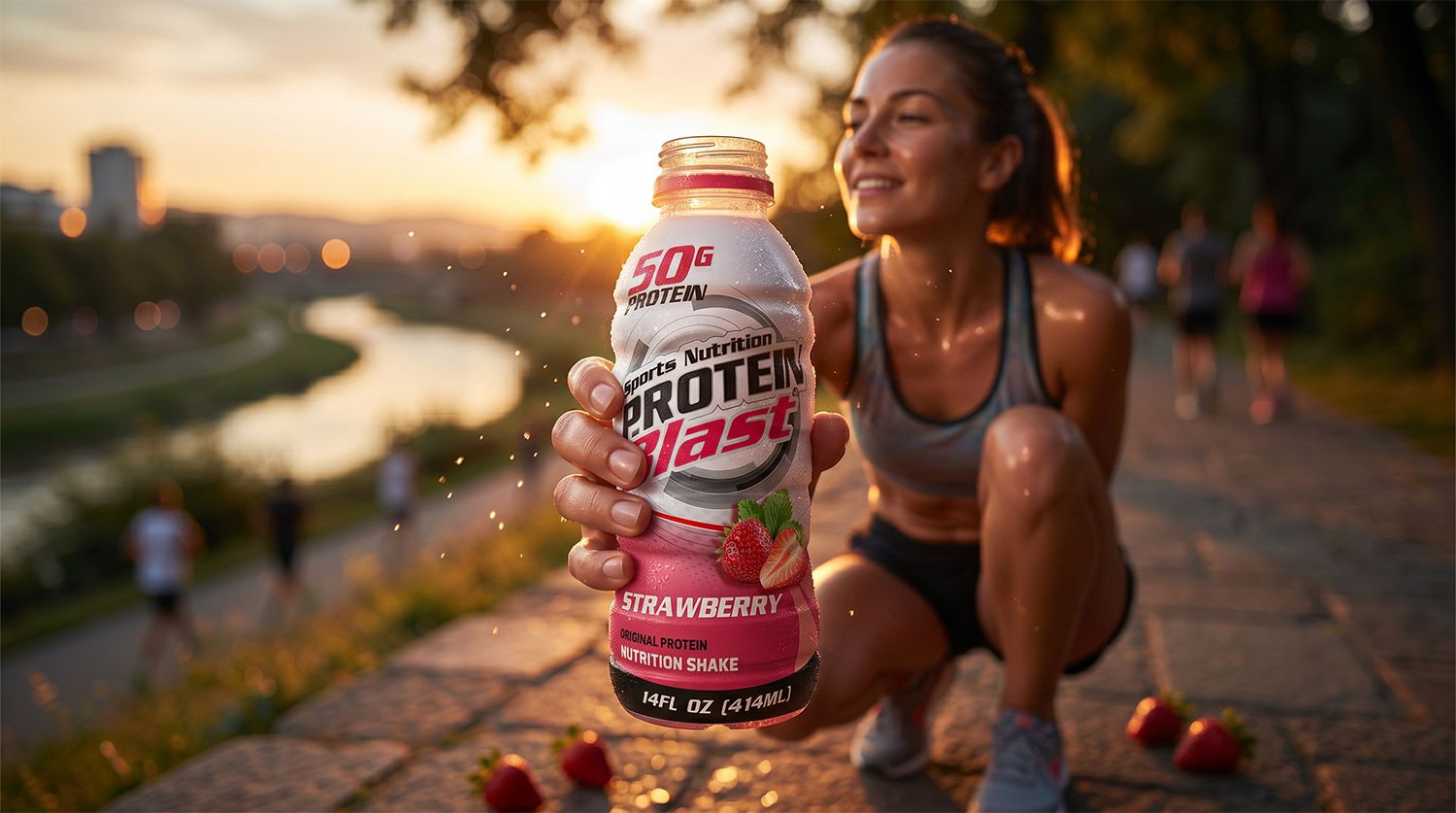 Blast protein shake bottle with its logo, held by a runner