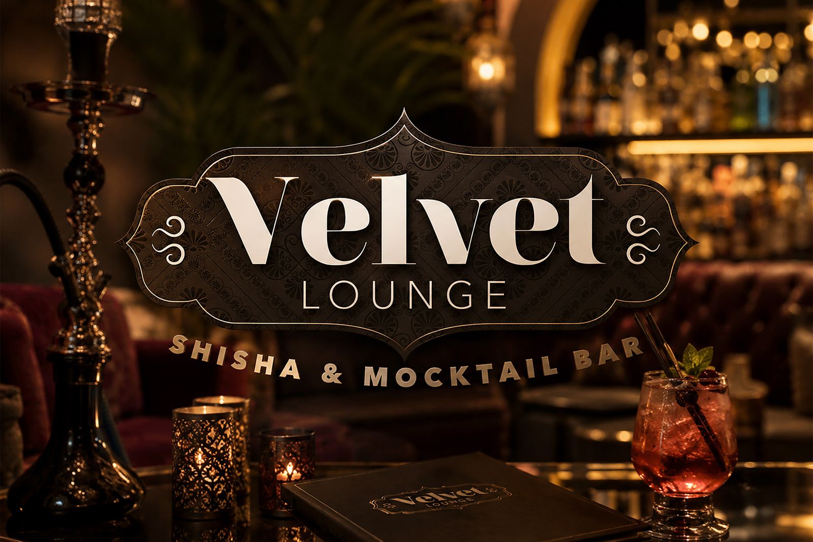 Velvet Lounge logo on the wall of a shisha and mocktail bar