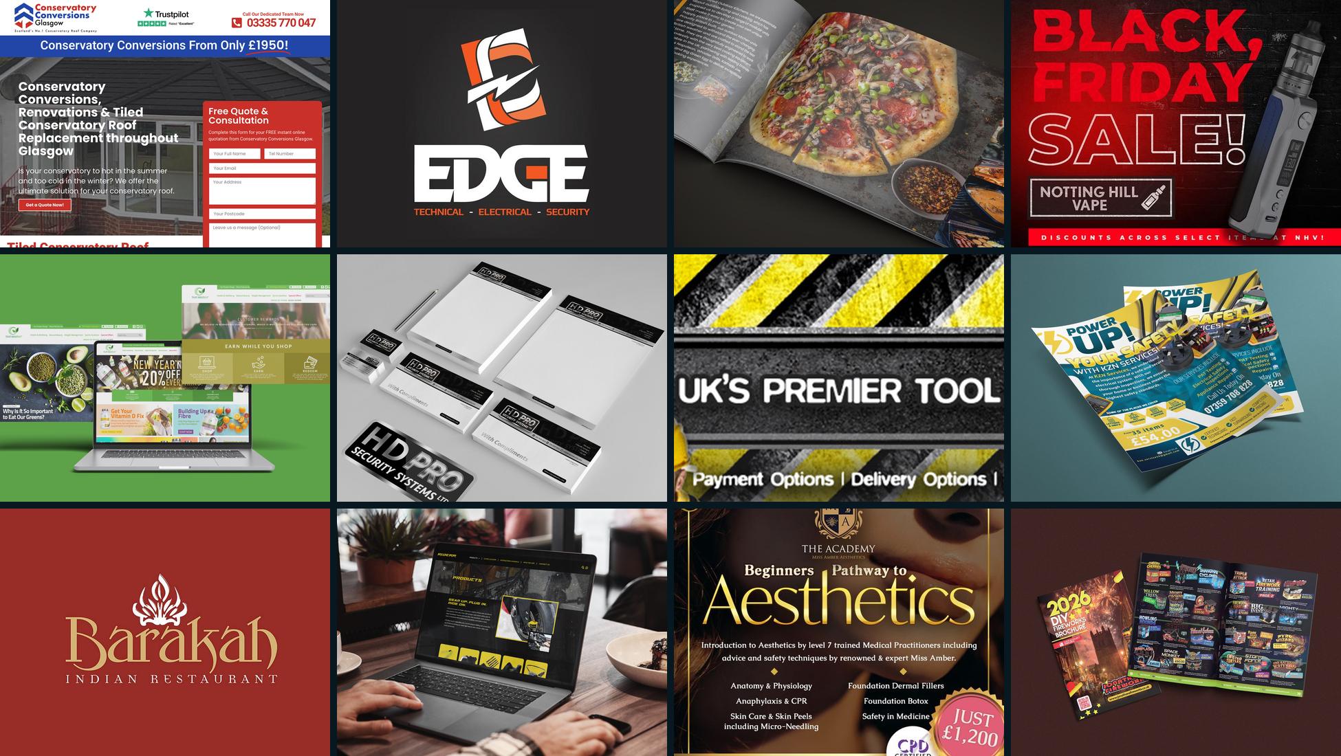 A mosaic of websites, logos, brochures and social posts designed by ATK