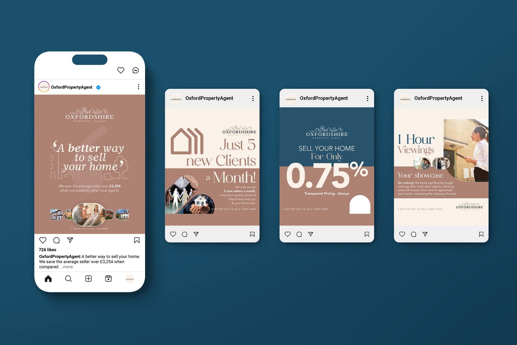 A set of matching Instagram posts for The Oxfordshire Property Agent shown on phones