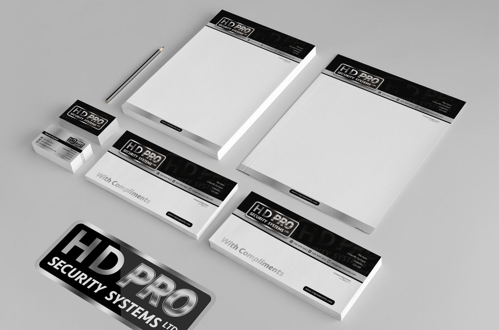 HD Pro Security Systems letterheads, compliments slips and business cards
