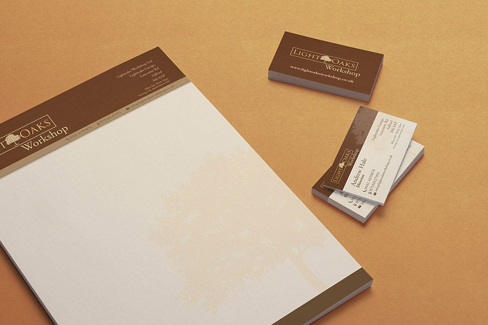 Light Oaks Workshop letterhead and business cards in brown