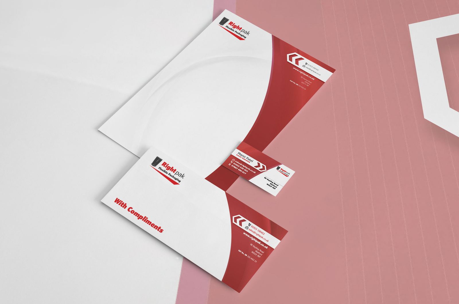 Right Pak letterhead, compliments slip and business card in red